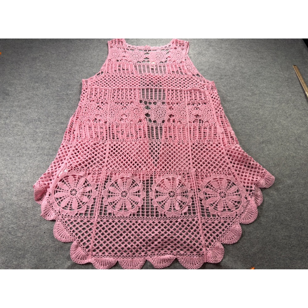 GLEAMISS Crochet Vest Women One Size Pink Boho Open Knit Front Tie Layering - Picture 9 of 11